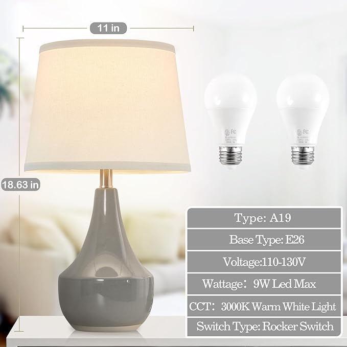 GyroVu 18" Table Lamp Set of 2, Ceramic Table Lamp Classic Beside Lamps Nightstand Lamp Modern Lamp for Living Room, Bedroom & Office Rocker Swtich Grey-LED Bulbs Included