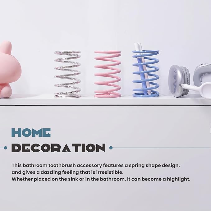 Spring Toothbrush Holder, Stainless Steel Spring Shaped Desktop Toothbrush Holder, Multifunctional Pen Holder Makeup Brush Toothbrush Storage for Bathroom Tabletop Dressing Table and Sink (Blue)