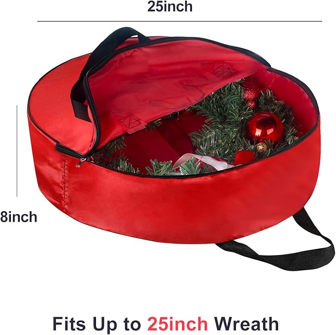 TQS 25" Christmas Wreath Storage Bag - Heavy Duty Reinforced Wide Handle and Double Sleek Zipper - Protect Your Christmas Garland Party Decorations - Red