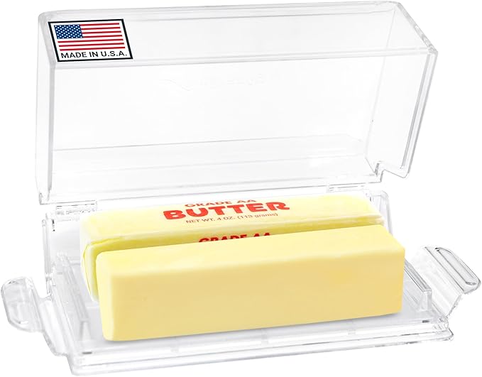 Pikanty Airtight Butter Dish with Hinged Lid - Large Plastic Butter Container for Countertop or Fridge, Fits East & West Coast Sticks, Dishwasher Safe, Made in USA