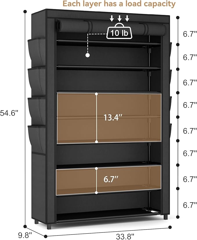 VILICK Shoe Rack with Cover, 8 Tier Tall Shoe Organizer Storage for 36-45 Pair Shoes and Boots Large Shoe Storage Shelf Free Standing Shoe Rack for Closet, Front Door Entrance, Dorm, Garage