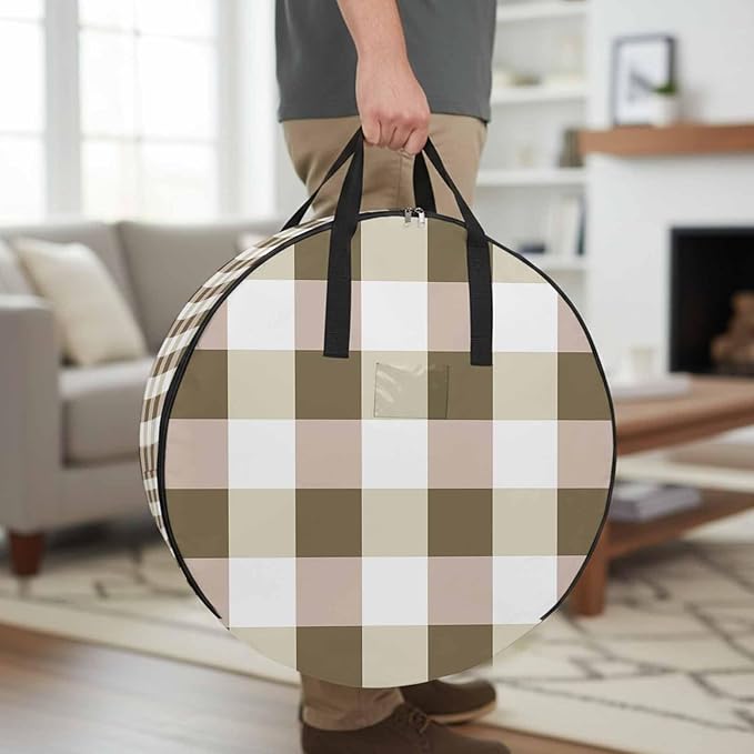 Brown Yellow Plaid Round Storage Bag 36 Inch, Simple Pattern Clothes Storage Container with Handles Heavy Duty Organizer for Comforter, Bedding & Holiday Wreaths