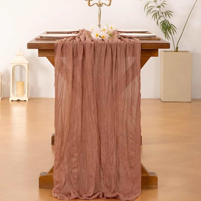 Socomi 10pcs Dusty Rose Easter Spring Cheesecloth Table Runner Boho Rustic Gauze 120 inch 10FT Cheese Cloth Runner for Wedding Party Baby Shower Birthday Home Decor Holiday Decorations