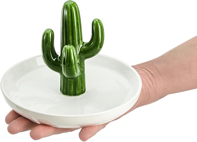 Elsjoy Set of 2 Ceramic Ring Holder Dish, Decorative Round Jewelry Display Trays, Aloe & Cactus Small Trinket Plate for Home, Gift, Mother's Day