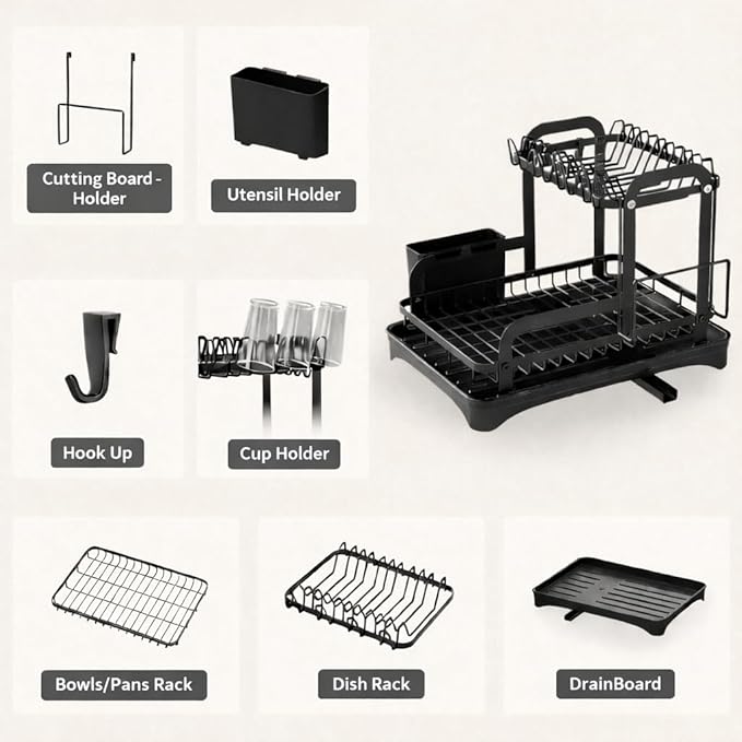 Kitchen Dish Drying Rack, 2-Tier Large Capacity Kitchen Countertop Dish Rack, Metal Dish Rack with Utensil Holder, Cup Holder & Plate Organizer, Black