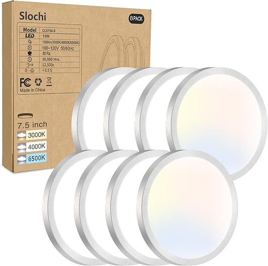 8PACK LED Flush Mount Ceiling Light Fixture, 3000K-4000K-6500K & 100W Equivalent Modern Kitchen Recessed Ceiling Lamp 15W 1500Lm 7.5 Inch Closet Round Surface for Bathroom Laundry-Brushed Nickel