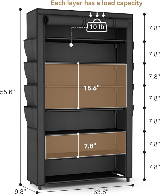 VILICK Shoe Rack with Cover, 7 Tier Shoe Organizer Storage for 32-40 Pair Shoes and Boots Large Shoe Storage Shelf Space Saving Vertical Shoe Rack for Closet, Front Door Entrance, Dorm, Garage