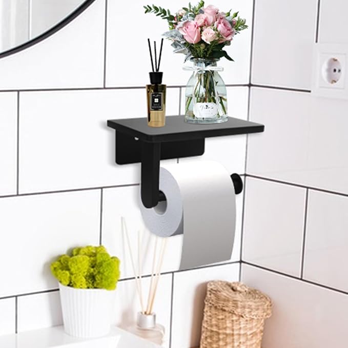 Toilet Paper Holder with Marble Shelf for Bathroom Washroom,Wall Mounted Tissue Holder Suitable for Mega Roll (Small 6.7 * 4.3 in, Black)