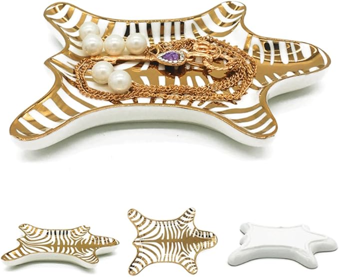 Zebra Stripe Jewelry Tray Ceramic Dishes Plate Gilded 5.9", Gold