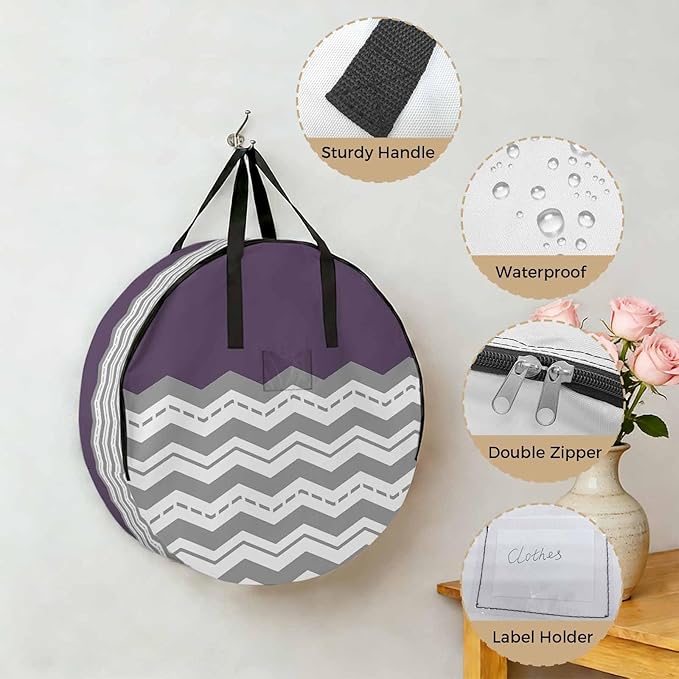 Storage Bag Purple Grey Waves Round Storage Totes Bins Closet Organizers with Zippers & Handle Chevron Stripe Clothes Storage Container for Bedroom Dorm Space Saving Packing Supplies Moving Bags