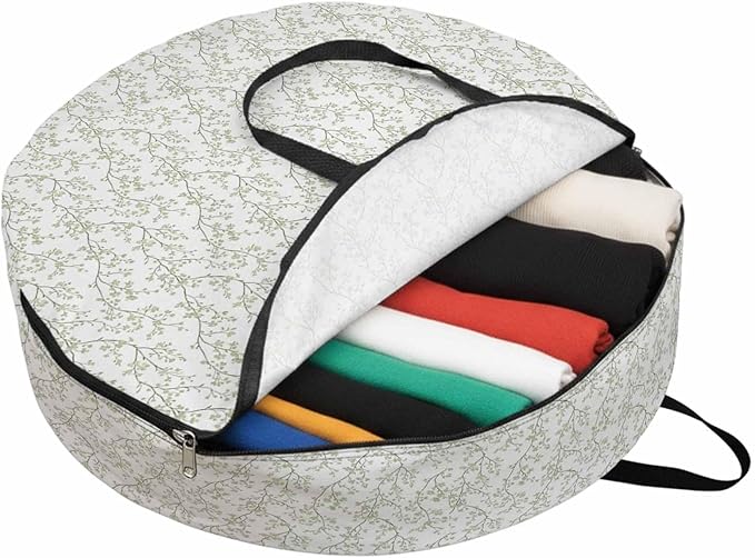 Sage Green Flowers Round Storage Bag 24 Inch, Branches Plants Clothes Storage Container with Handles Heavy Duty Organizer for Comforter, Bedding & Holiday Wreaths