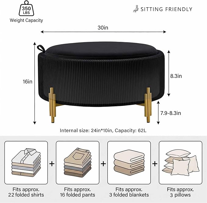30'' Round Storage Ottoman Coffee Table, Modern Velvet Upholstered Ottoman with Lid and Metal Legs for Living Room, Bedroom (Black)