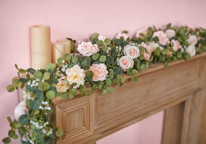 Anna's Whimsy 5.91FT Artificial Eucalyptus Garland with Flowers, Fake Rose Gypsophila Garland, Faux Floral Greenery Garlands for Wedding Spring Party Art Table Runner Decor (Pink, 1)
