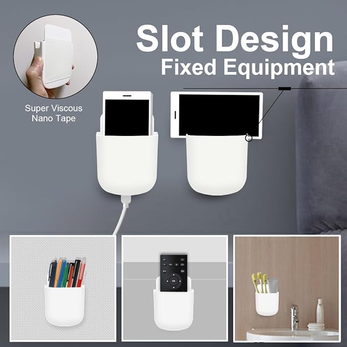 Remote Control Holder Wall Mount Set, Office Supplies Supply Organizer, Bedside Audio-Video Remote Control Shelving, With Self Adhesive Caddy Storage Box, White Wall Phone Stand Mail Sorters