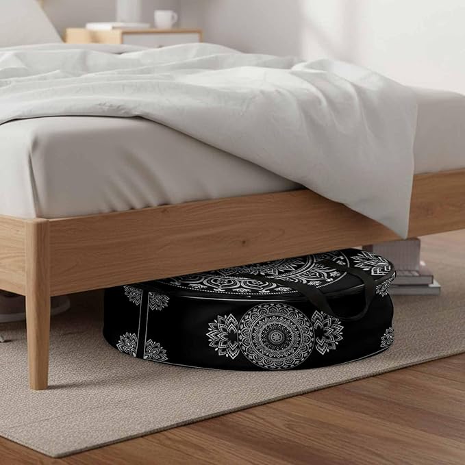 Storage Bag Black Boho Round Storage Totes Bins Closet Organizers with Zippers & Handle Gorgeous Bohemian Flower Clothes Storage Container for Bedroom Dorm Space Saving Packing Supplies Moving Bags