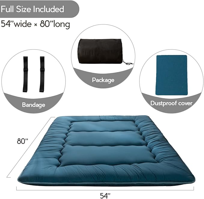 MAXYOYO Japanese Floor Mattress Futon Mattress, Thicken Sleeping Pad Foldable Roll Up Floor Futon for Adults Tatami Mat Dormitory Lounger, Bluestone, Full Size