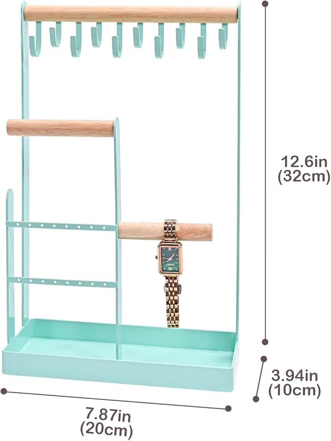 ProCase Jewelry Stand Holder Organizer, 4-Tier Necklace Holder with Ring Tray, 10 Hooks Necklaces Hanging Small Jewelry Display Storage Tower Tree for Bracelets Earrings Watches -Medium, Aqua