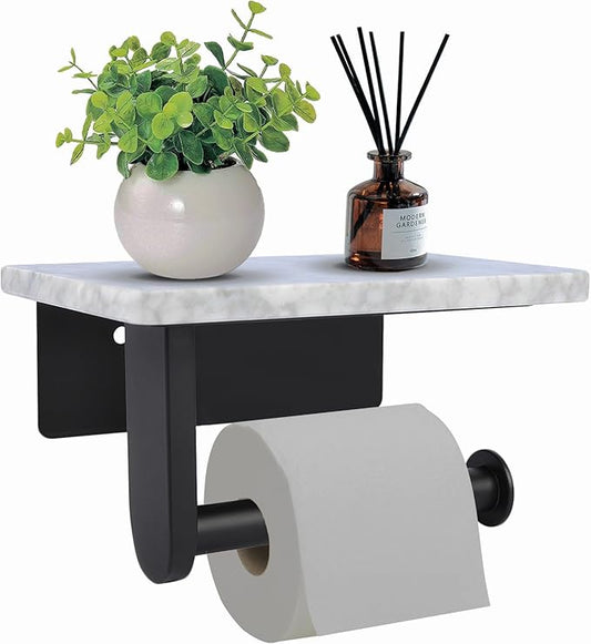 Toilet Paper Holder with Natural Marble Shelf for Bathroom Washroom,Wall Mounted Tissue Holder Suitable for Mega Roll (Small 6.7 * 4.3 in Matte Black)