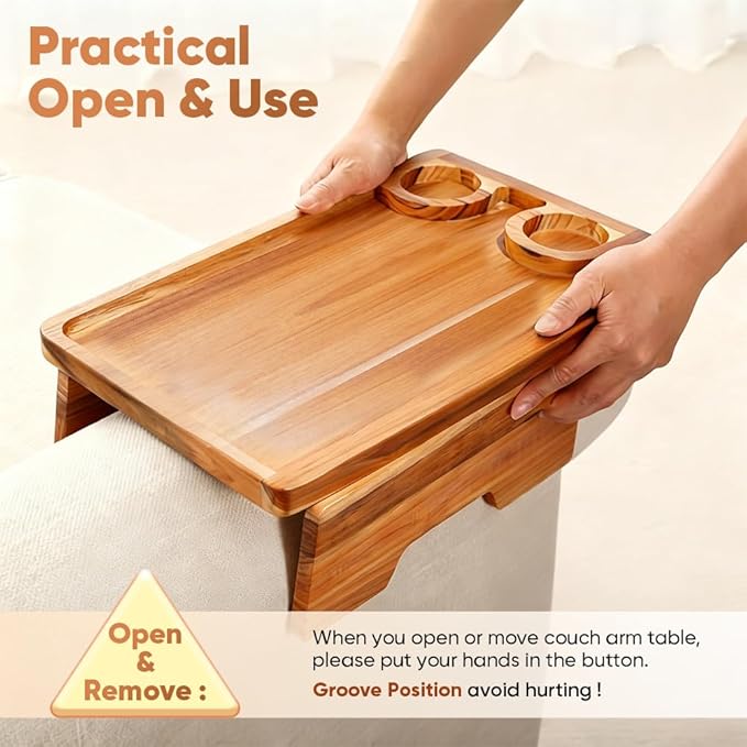 15.35" x 10.24" Teak Wood Couch Arm Tray, Sofa Armrest Table with Dual Cup Holders, Clip-on Tray for Wide Couch - Side Table for Eating & Drink, Snack, Phone, Remote