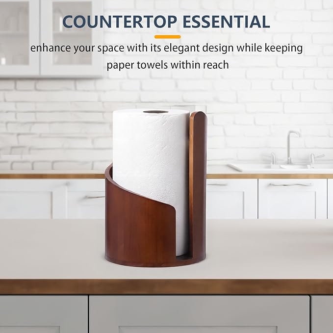 Paper Towel Holder Countertop with Wood Round Base and Iron Holder,Holds Mega Roll,Holder Stand for Kitchen Roll Organize,Wooden Paper Towel Holder for Kitchen Dining Table Home Decor