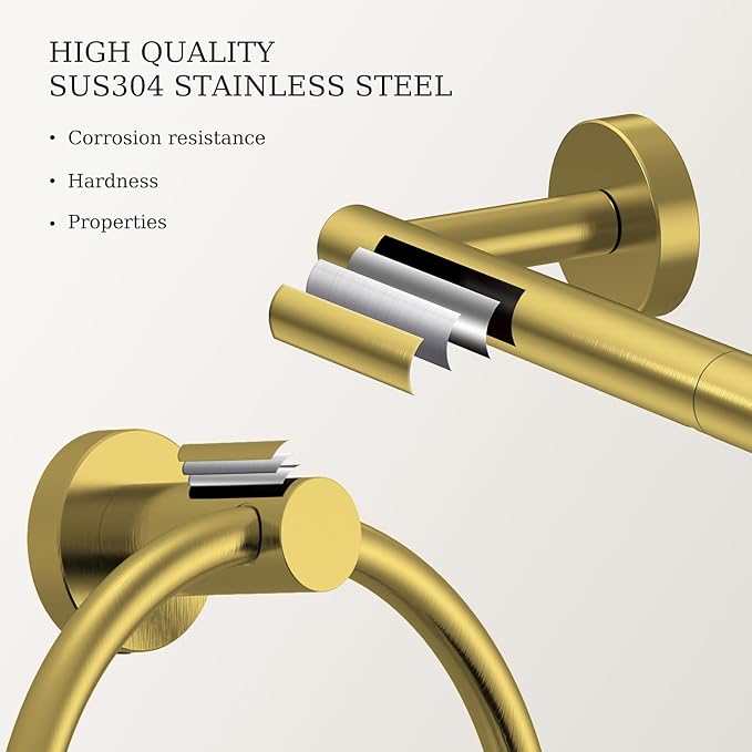 Brushed Gold Toilet Paper Holder & Towel Holder, Bathroom Hardware Set-SUS304 Stainless Steel Double Post Pivoting Tissue Roll Holder and Hand Towel Ring Set for Bathroom, RV