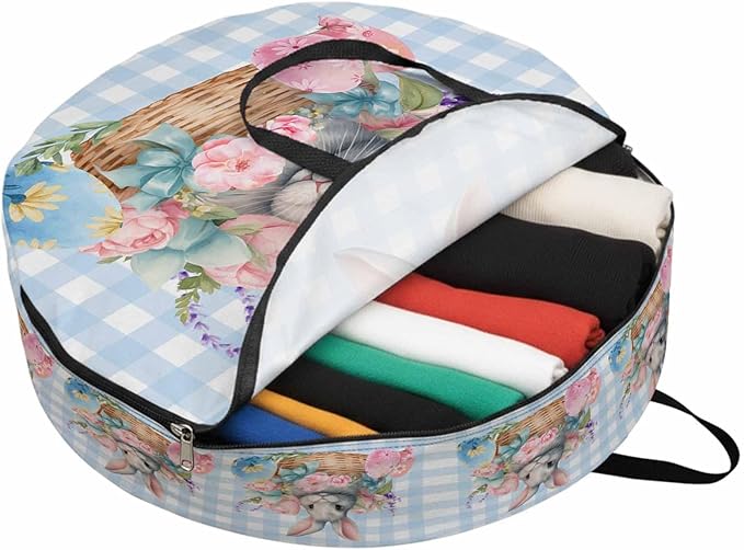 30 Inch Round Storage Bag 1 Pack,Easter Day Natural Floral Rabbit Eggs Waterproof Wreath Storage Container with Handles&Zipper Blue Colorful Check Closet Organizer Bags Garland Box