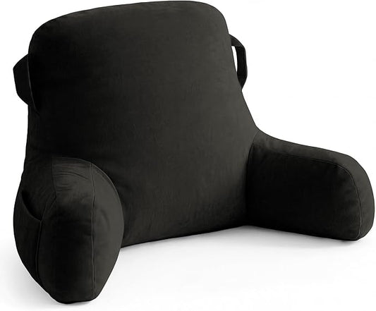Unisakey Portable Comfy Reading Pillows for Bed Sitting Up(Grey Oeko-Tex), Velvet Back Pillow with Arms & Pockets for Adults, Support Memory Foam Bed Pillow for Dorm/Reading/Watching/Gaming