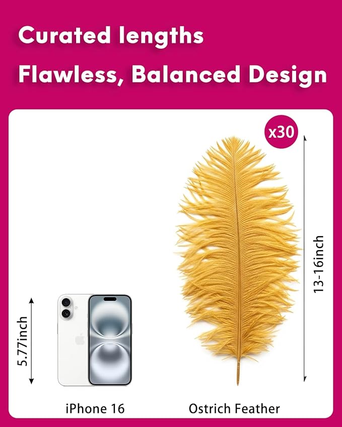 30pcs Gold Ostrich Feathers Natural Bulk 13-16in(33-40cm) Vase Craft Wedding Home Party Centerpieces Christmas Day Decoration