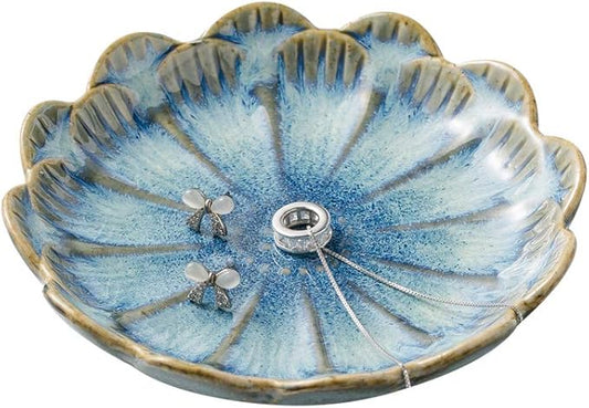 Mecaikru ring holder, flower shape decorative earring stand, jewelry tray, key bowl, trinket dish for women and friends, flower blue
