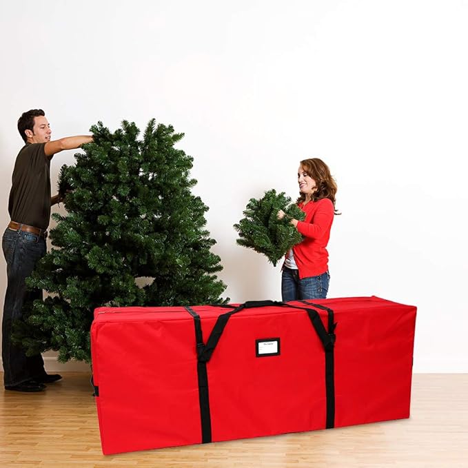 OurWarm Christmas Tree Storage Bag Extra Large Heavy Duty Storage Containers for 8 Ft Artificial Tree 600D Oxford Xmas Holiday Tree Storage Bags with Reinforced Handles Zipper, Red 50" x 15" x 20"