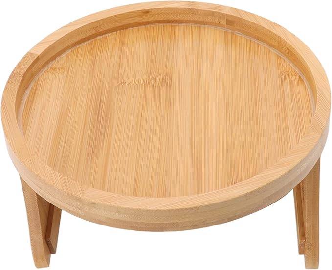 Tissting Wood Round Sofa Tray 9.65in x 4.72in - Clip on Side Table with Foldable Leg for Coffee, Tea, Snacks, Remote Controls, Living Room, Apartment, Dorm