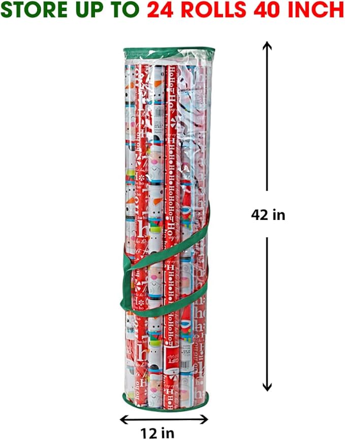 ProPik Christmas Wrapping Paper Storage Bag, Organizer Fits Up to 24 Rolls 40 Inch, Clear Heavy Duty PVC Bag with Handles and Zippered Top for Gift Wrap and Ribbons (Green)