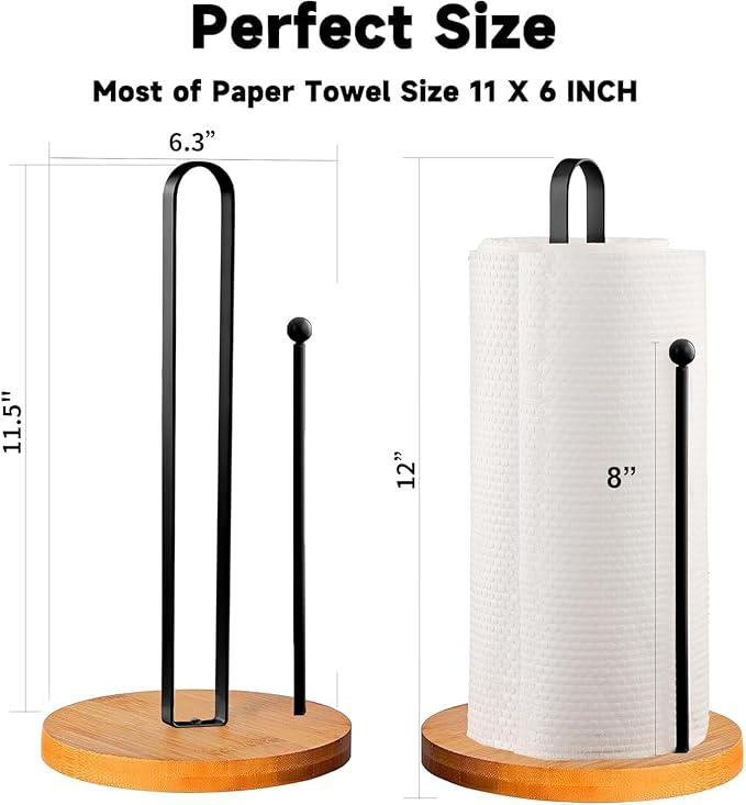 Wooden Paper Towel Holder Countertop, Kitchen-Towel-Holder FreeStanding with Side Bar for Kitchen Bathroom