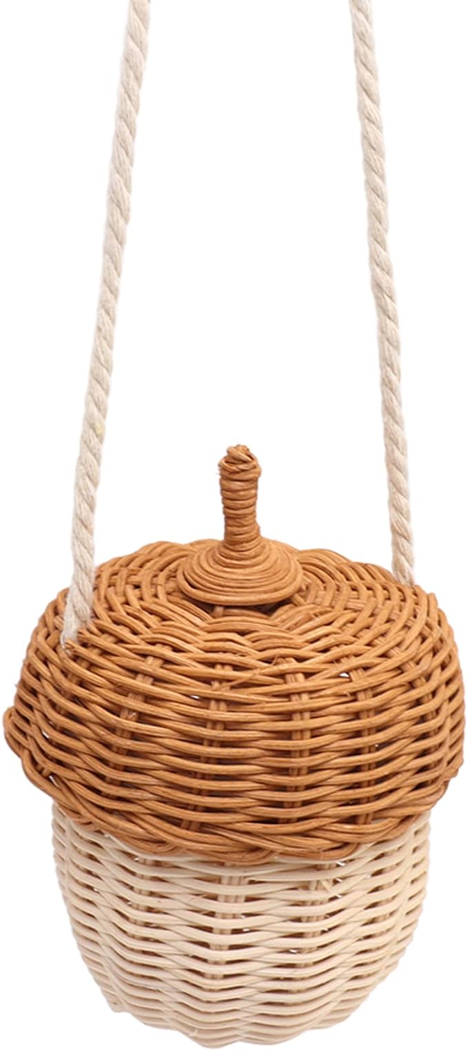 Hanging Baskets Rattan Storage Basket Handmade Photography Props Acorn Shaped Home Decorative for Girls Rattan Basket Bag Kids (Small Shoulder Bag)