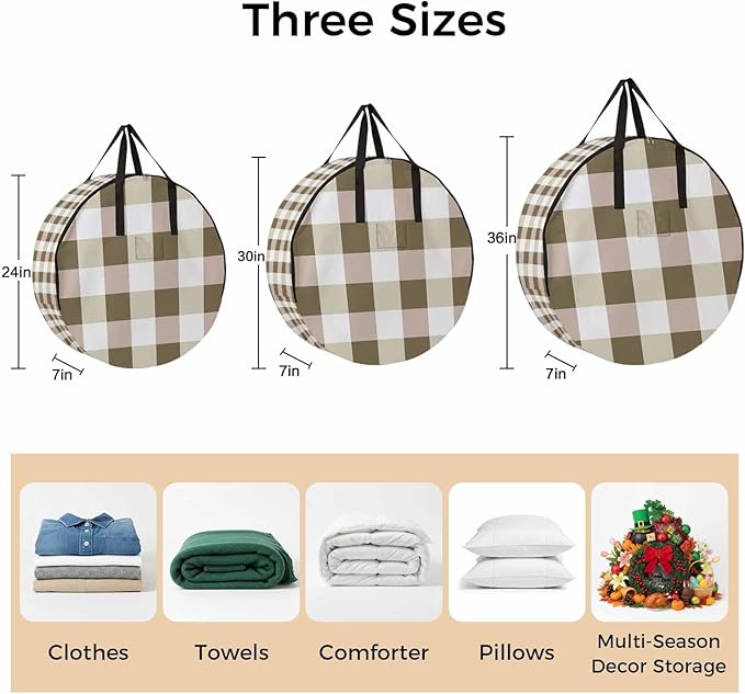 Brown Yellow Plaid Round Storage Bag 36 Inch, Simple Pattern Clothes Storage Container with Handles Heavy Duty Organizer for Comforter, Bedding & Holiday Wreaths