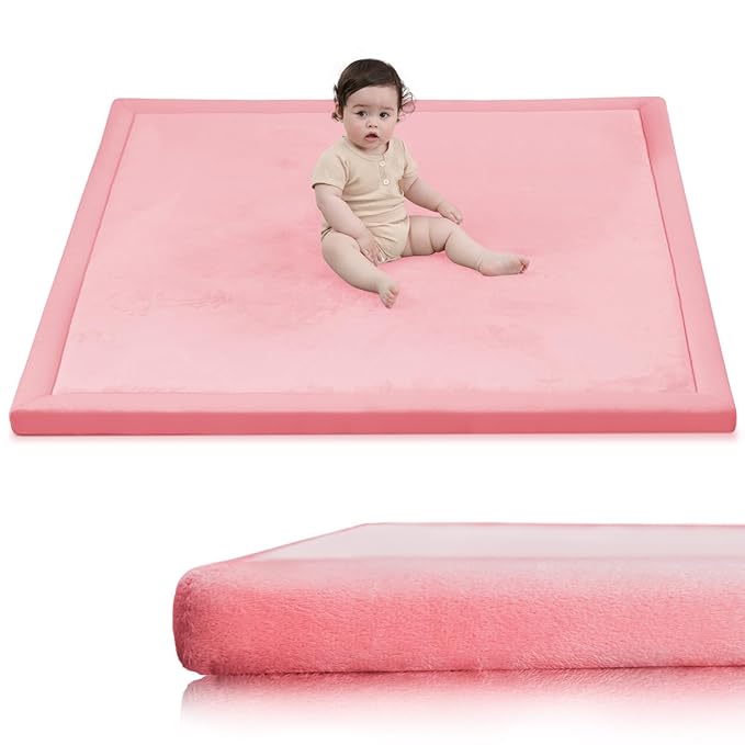Huloo Sleep Ultra Soft Baby Play Mat for Floor, 1.3" Thick Elasti-Foam 59x59 Play Mat for Playpen,Water-Repellent Coral Velvet for Tummy Time, Non-Slip Backing,Safe for Toddlers & Infants（Pink）