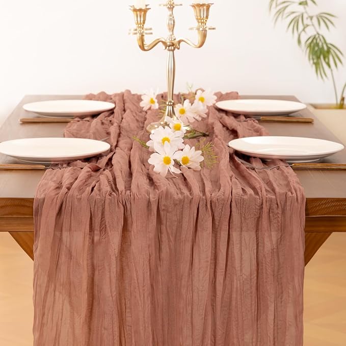 Socomi 10pcs Dusty Rose Easter Spring Cheesecloth Table Runner Boho Rustic Gauze 120 inch 10FT Cheese Cloth Runner for Wedding Party Baby Shower Birthday Home Decor Holiday Decorations