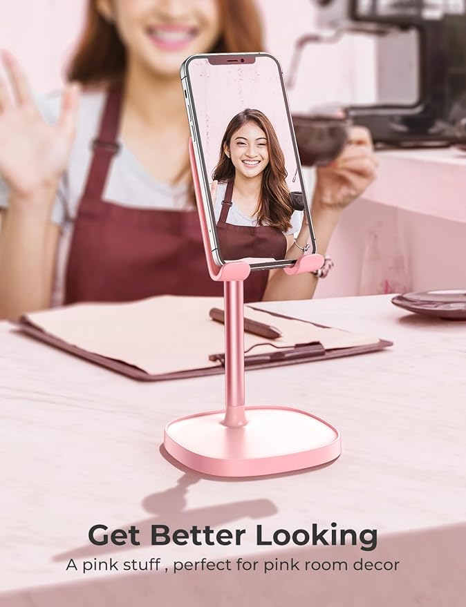 LISEN Pink Vanity Girls Room Decor Kitchen Decor and Accessories, Cute Pink Phone Stand Bathroom Essentials Decor Desk Accessories for Kindle Stand iPad mini Moms Gift Birthday Decorations 4-10 inch
