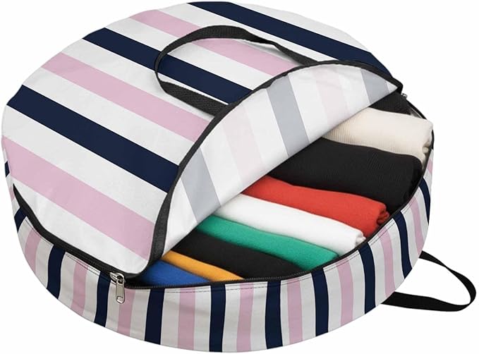 Storage Bag Navy Blue Pink Stripes Round Storage Totes Bins Closet Organizers with Zippers & Handle Contrast Striped Clothes Storage Container for Bedroom Dorm Space Saving Packing Supplies Bags