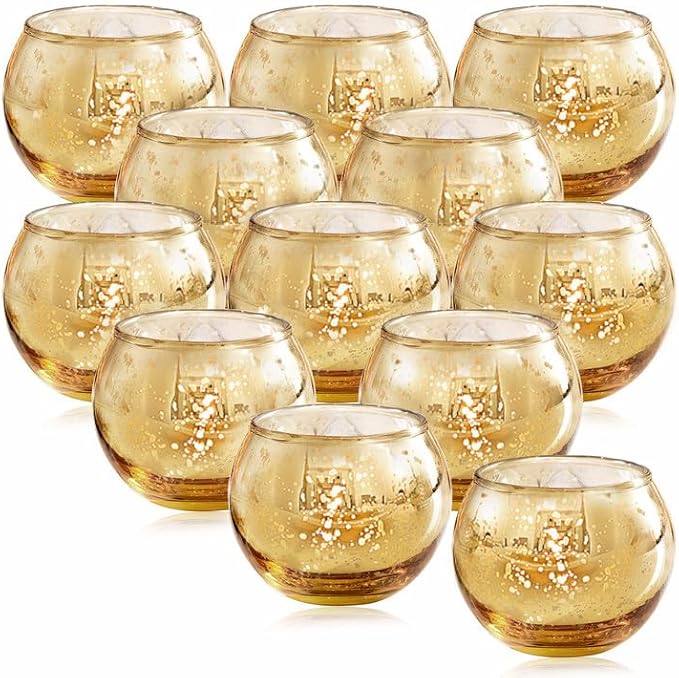 LAMORGIFT 12 Pcs Gold Votive Candle Holders- Gold centerpieces for Tables, Mercury Glass Votives for Wedding, Rehearsal Dinner, Engagement, Birthday Party Decorations