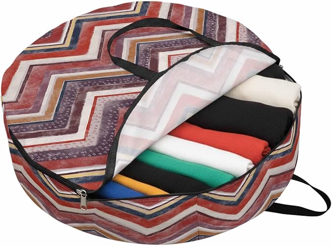 Storage Bag Red Grey Chevron Round Storage Totes Bins Closet Organizers with Zippers & Handle Geometric Design Stripe Clothes Storage Container for Bedroom Dorm Space Saving Packing Supplies Bags