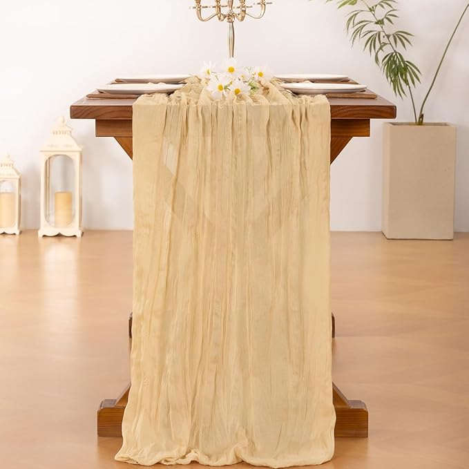 Socomi 6pcs Gold Champagne Cheesecloth Table Runner Easter Spring Boho Rustic Gauze 120 inch 10FT Cheese Cloth Runner for Wedding Party Baby Shower Birthday Home Decor Holiday Decorations