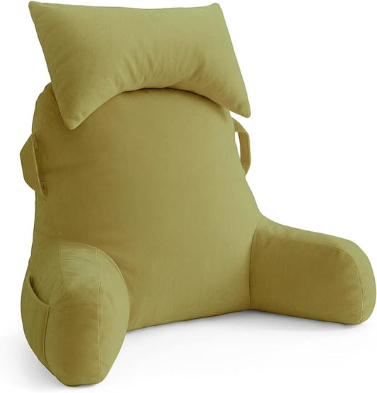 Unisakey Portable Reading Pillows with Headrest for Bed Sitting Up(Pale Green Oeko-Tex), Velvet Back Pillow with Arms & Pockets for Adults, Support Memory Foam Bed Pillow for Dorm/Watching/Gaming