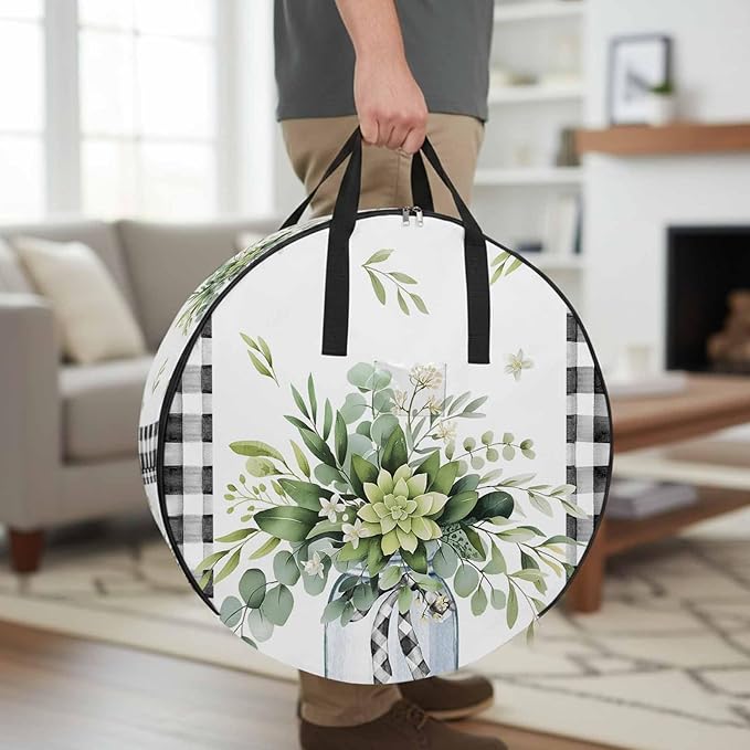 Storage Bag Eucalyptus Leaves Vase Round Storage Totes Bins Closet Organizers with Zippers & Handle Green Leaf Floral Black Plaid Clothes Storage Container for Bedroom Space Saving Packing Supplies