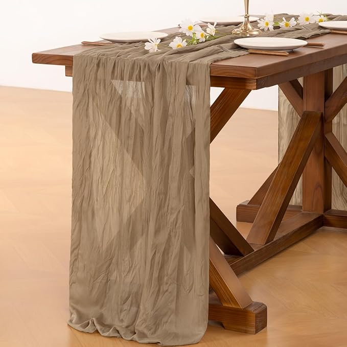 Socomi 6pcs Nude Brown Cheesecloth Table Runner Easter Spring Boho Rustic Gauze 120 inch 10FT Cheese Cloth Runner for Wedding Party Baby Shower Birthday Home Decor Holiday Decorations