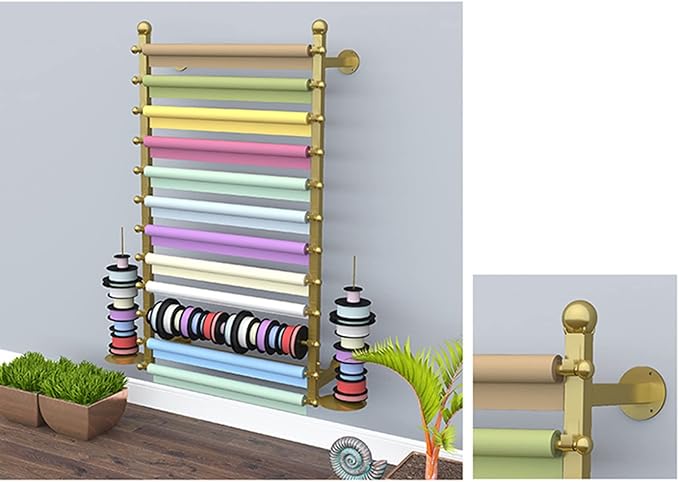 Flower Shop Ribbons Rolls Storage Organizer, Wall Mount Metal Removable Crossbar Gift Wrapping Paper Rack for Cake Stores (Color : White, Size : 120cm/47.2in) (Gold 100cm/39.3in)