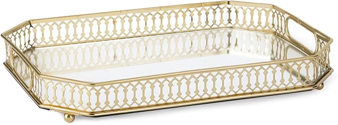 Bar Cart Tray, Decorative Mirrored Tray with Handles, Large Capacity Organizer, Gold