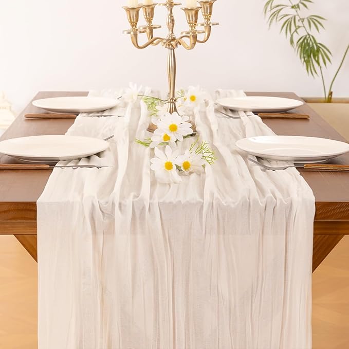 Socomi 6pcs Ivory White Cheesecloth Table Runner Easter Spring Boho Rustic Gauze 120 inch 10FT Cheese Cloth Runner for Wedding Party Baby Shower Birthday Home Decor Holiday Decorations