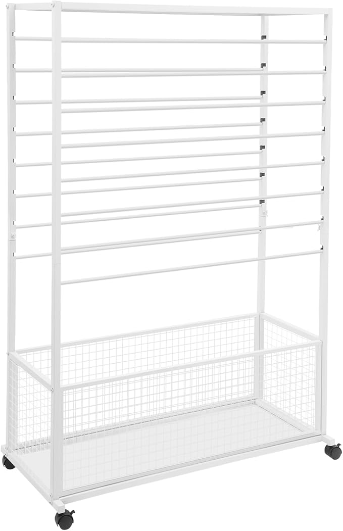 16 Tier Ribbon Holder Organizer Rack, Metal Double-Sided Ribbon Spool Storage Shelf with Wheels, Rolling Flower Wrapping Paper Storage Stand for Craft Room Flower Shop Gift Wrapping(Wider, White)