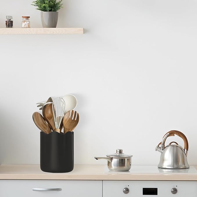 Ceramic Utensil Holder for Kitchen Counter, 6.2" Kitchen Utensil Holder with Cork Bottom for Countertop, Modern Scalloped Cooking Tool Organizer for Spatula, Matte Black